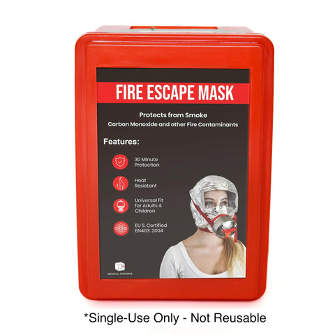Product packaging for Fire Emergency Escape Mask And Hood For Smoke And Carbon Monoxide Protection, 30 Minute Respirator Shield.