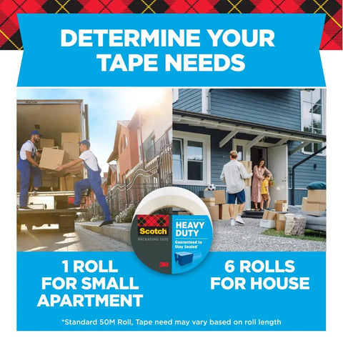 Image showing tape usage chart for Heavy Duty Clear Shipping Tape Bundle with Dispenser, 1 roll for apartment, 6 rolls for house.