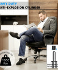 Man sitting on office chair featuring 5.5 Inch Heavy Duty Office Chair Gas Lift Cylinder Replacement For Desk Chairs And Gaming Chairs Adjustable Hydraulic Pneumatic Piston Universal Silver Finish Fits Most Models.