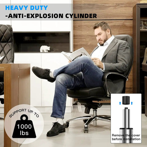 Man sitting on office chair featuring 5.5 Inch Heavy Duty Office Chair Gas Lift Cylinder Replacement For Desk Chairs And Gaming Chairs Adjustable Hydraulic Pneumatic Piston Universal Silver Finish Fits Most Models.