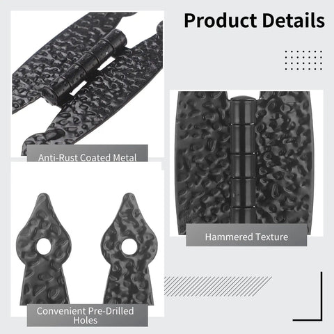 Close-up of Black Antique H Hinges Set 3.5 Inch Metal Cabinet Hinge with screws showing hammered texture and pre-drilled holes.