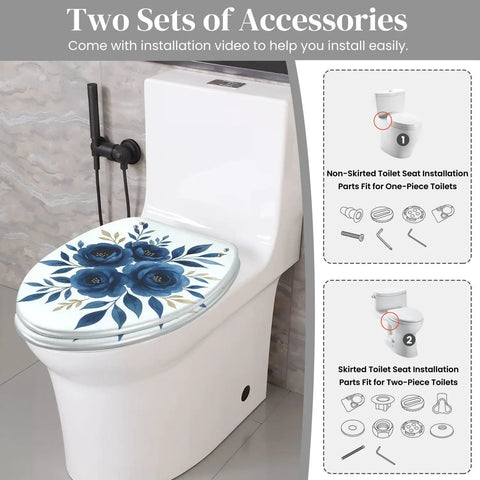 Elongated Toilet Seat Quiet Close Quick Release Bathroom with floral design, features two installation accessory sets for various toilets.