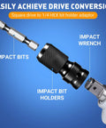 Diagram showing 3-Piece Quick Release Impact Bit Holder Set 1/2 Inch, 3/8 Inch, 1/4 Inch Square Drive To 1/4 Inch Hex Shank Adapter