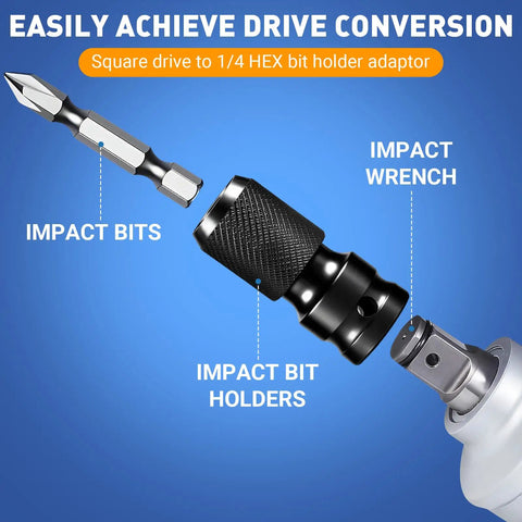 Diagram showing 3-Piece Quick Release Impact Bit Holder Set 1/2 Inch, 3/8 Inch, 1/4 Inch Square Drive To 1/4 Inch Hex Shank Adapter