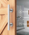 12 Inch Stainless Steel Sliding Barn Door Handles And Pulls Set With Flush Mount Hardware, attached on a wooden door