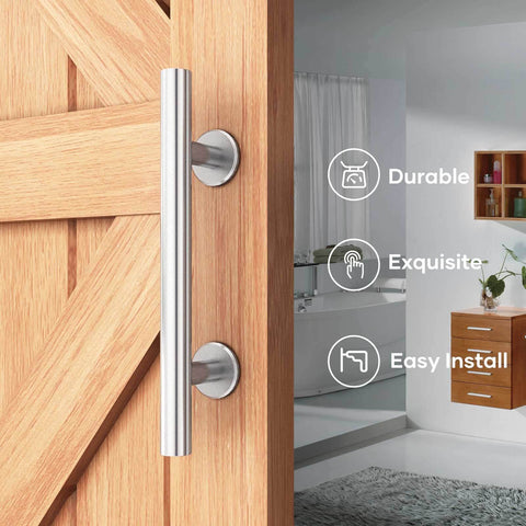 Side view of installed 12-Inch Stainless Steel Sliding Barn Door Handles And Flush Pulls Set Double Sided Brushed Finish Anti Rust Durable