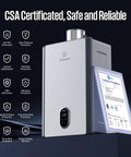 Heavy Hitter Natural Gas Tankless Water Heater With Built In Smart Wifi showcasing CSA certification and safety features.