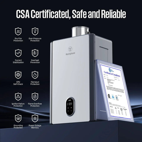 Heavy Hitter Natural Gas Tankless Water Heater With Built In Smart Wifi showcasing CSA certification and safety features.