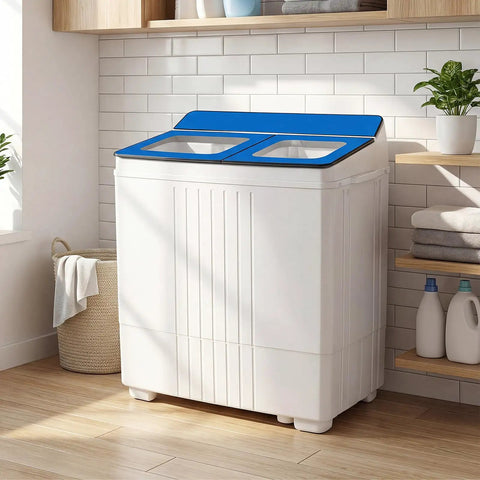 Straight Up The Best Portable Twin Tub Washing Machine With Built In Drain Pump 20 Lbs Compact Laundry Spinner in modern laundry room.