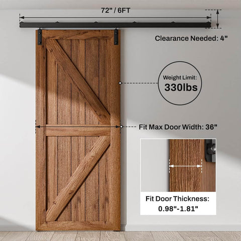 Beefy Heavy Duty Box Rail Sliding Barn Door Track Kit Aluminum Alloy Wall Mount For A Single Door Up To 36 Inches Wide, Supports 330 Lb Capacity, Six Foot Length, Smooth Quiet Glide, Easy Install, No Door Included, installed over a wooden barn door.