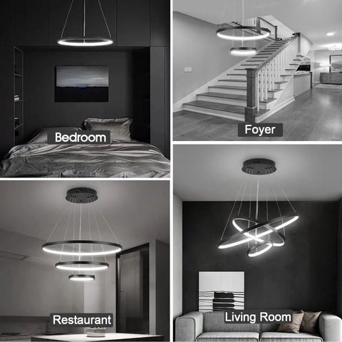 Black Dope Two Ring LED Chandelier For High Ceilings in various settings, highlighting sleek modern design in living spaces.