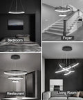 Three-Ring Black LED Chandelier For High Ceilings, 79 Inch Adjustable Hanging Light used in various rooms.