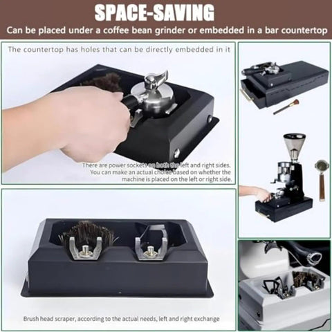 Killer Electric 150 Watt 58mm Coffee Puck Knock Box With Dual Brush Heads for easy portafilter cleaning in compact countertop setup.