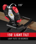 High-Output LED Work Light With 3900 Lumen Rechargeable Dual-Power Clamp, 360 Degree Rotating Aluminum Body showing 115-degree tilt.