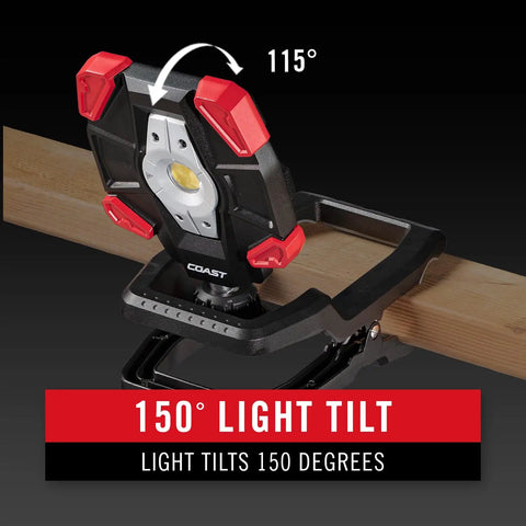 High-Output LED Work Light With 3900 Lumen Rechargeable Dual-Power Clamp, 360 Degree Rotating Aluminum Body showing 115-degree tilt.
