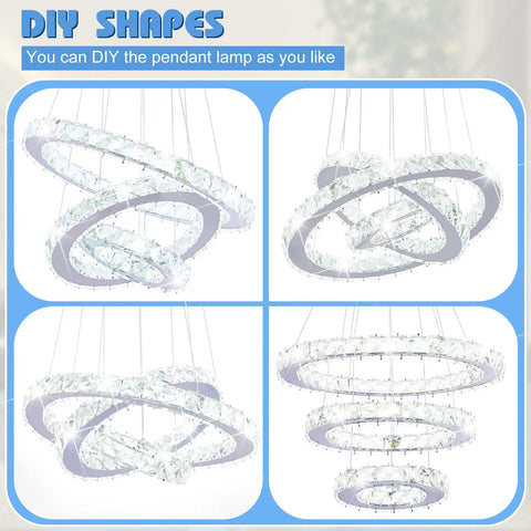 Modern LED Crystal Chandelier With Dope Three Ring Design, Adjustable Ceiling Light Fixture In Stainless Steel, Cool White 4500K 6000K, 52W, 85V-265V, Pendant Lighting For Living Room Dining Room Bedroom