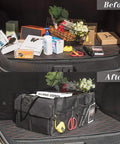 Before and after view of SUV trunk with Car Trunk Backseat Organizer For SUV Eight Pocket Waterproof And Dustproof Cargo Net Storage.