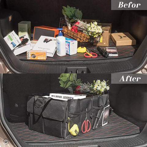 Before and after view of SUV trunk with Car Trunk Backseat Organizer For SUV Eight Pocket Waterproof And Dustproof Cargo Net Storage.