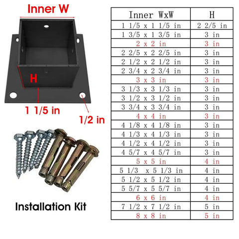 Heavy Duty Post Anchor Brackets Kit For Concrete And Wood Deck Ground Rustproof 304 Stainless Steel with installation kit
