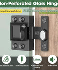 Heavy Duty 304 Stainless Steel Glass Cabinet Door Hinges For 5 To 8 mm Panes Slick Black Finish bathroom use mounted on wood.