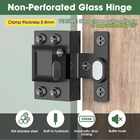 Heavy Duty 304 Stainless Steel Glass Cabinet Door Hinges For 5 To 8 mm Panes Slick Black Finish bathroom use mounted on wood.