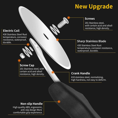Exploded view of Stainless Steel Pizza Cutter Wheel 9.33 Inch with labels for blade, handle, screws, and components.