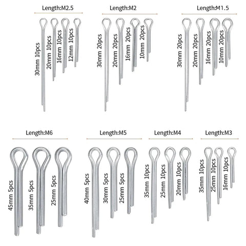 Stainless Steel Cotter Pins Kit With 580 Pieces In 24 Sizes, varying lengths and quantities, displayed for automotive and repair use.