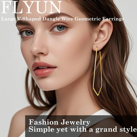 18k Gold Large V Shaped Dangle Earrings For Women, lightweight geometric wire design, worn by model