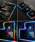 Installation of Dope Addressable RGB LED Strip Kit 2x15.7 Inch WS2812 Rainbow ARGB Lights on motherboard and fan setup.