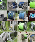 Heavy Duty Stainless Steel Garden Hose Reel Wall Mount Holder With Rolling Cart, showing various angles and colors of hoses.