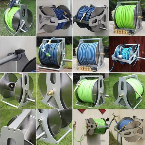 Heavy Duty Stainless Steel Garden Hose Reel Wall Mount Holder With Rolling Cart, showing various angles and colors of hoses.