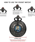 Skeleton Pocket Watch With Mechanical Movement And Double Cover Roman Numeral Dial Standable Half Hunter Photo Insert Vintage Smart Style For Men And Women Box And Chain Included, with setup instructions and crown details.