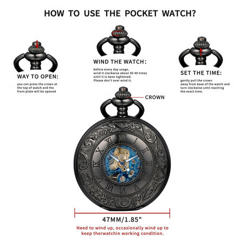 Skeleton Pocket Watch With Mechanical Movement And Double Cover Roman Numeral Dial Standable Half Hunter Photo Insert Vintage Smart Style For Men And Women Box And Chain Included, with setup instructions and crown details.
