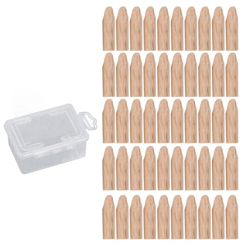 50 Piece Pocket Hole Plugs Woodworking Dowel Kit Built Different Softwood Filler Inserts in clear storage box.