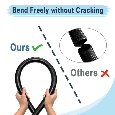 Hands bending a Heavy Duty Reinforced Steel Wire Water Hose 1-1/4 Inch By 10 Foot Black Flexible Vinyl Tubing, showing no kinking.