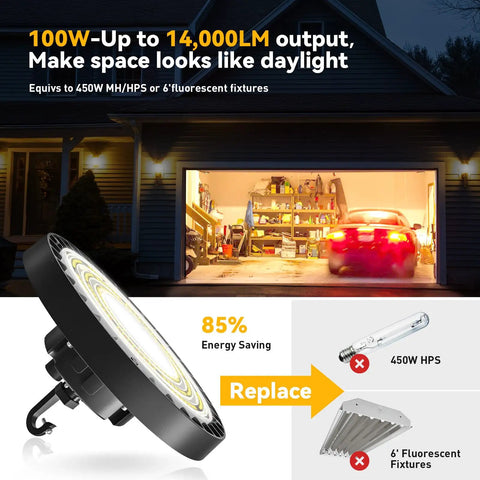 3 Color UFO LED High Bay Light 100W 3000K 4000K 5000K IP65 14,000 Lm 120 Degree Beam garage lighting illustration