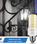 Ultra Bright 40W Equivalent LED Bulbs With 5000 Lumen 5000K Cool Daylight E26 E27 Base 360 Degree Beam High CRI Energy Saving For Outdoor And Indoor Use Waterproof Corn Light 2 Pack, showing single bulb against outdoor lamp backdrop.