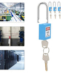 Heavy Duty Safety Lockout Tagout Padlock Size 1.5 Inches Six Pack Blue Nylon And Steel Body For Industry Use Where You Want Serious Security And Reliable Performance Without Breaking The Bank While Ensuring Safety Protocols Work Properly Always. Blue lockout padlock with steel shackle and keys, shown in factory use