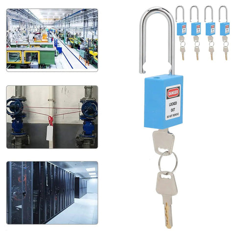 Heavy Duty Safety Lockout Tagout Padlock Size 1.5 Inches Six Pack Blue Nylon And Steel Body For Industry Use Where You Want Serious Security And Reliable Performance Without Breaking The Bank While Ensuring Safety Protocols Work Properly Always. Blue lockout padlock with steel shackle and keys, shown in factory use