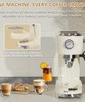 Home Barista Espresso Machine Generating Solid 20 Bar Pressure, Instant Heat Activation, Adjustable Steam Wand Crafting Hella Silky Latte Art, 42 Oz Tank, Cream with removable drip tray and coffee drinks.