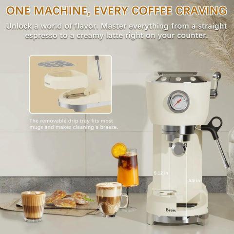 Home Barista Espresso Machine Generating Solid 20 Bar Pressure, Instant Heat Activation, Adjustable Steam Wand Crafting Hella Silky Latte Art, 42 Oz Tank, Cream with removable drip tray and coffee drinks.