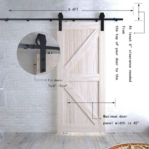 Six Point Six Foot Sliding Barn Door Hardware Kit With Five Track System for doors 35 to 40 inches wide on wall, J-shape hanger detail