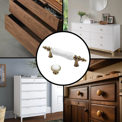 Slick Vintage Style Antique Bronze And White Crackled Ceramic Cabinet Pull And Knob Set Of Eight Pieces for drawer upgrades.