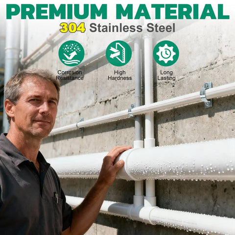 Man standing next to mounted pipes using 90 Piece Must-Have Conduit Clamp Assortment Kit In 304 Stainless Steel, outdoor setting.