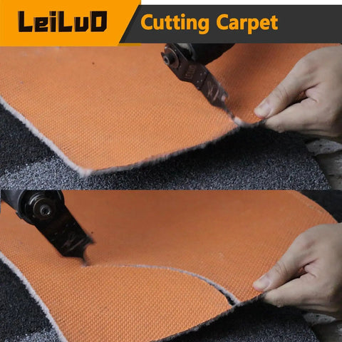 Using Six-Piece Oscillating Tool Hook Knife Blade Set for cutting carpet, showing close-up of tool in action with orange material