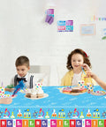 Kids at a party with Set Of 3 Lit Science Tablecloths For Kids Party Lab Theme Decorations With Colorful Test Tubes Microscope 108x51 Inch