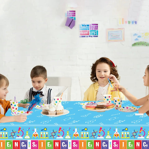 Kids at a party with Set Of 3 Lit Science Tablecloths For Kids Party Lab Theme Decorations With Colorful Test Tubes Microscope 108x51 Inch