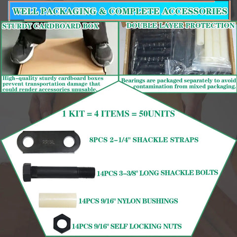 Trailer Shackle Kit For Tandem Axle With 2-1/4 Inch Straps Includes 14 Bushings 14 Bolts And 14 Nuts in packaging
