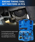Camshaft Locking Tool Kit 18 PC Set For Ford EcoBoost Duratec And Mazda Engines in blue case with various tools displayed