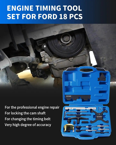 Camshaft Locking Tool Kit 18 PC Set For Ford EcoBoost Duratec And Mazda Engines in blue case with various tools displayed
